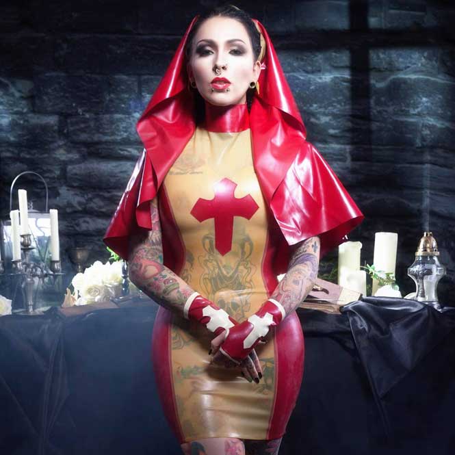 Westward Bound red latex dress with contrasting trim photographed in Cologne