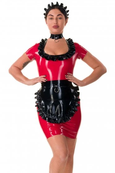 Westward Bound Alice Apron Service-Inspired Latex Dress in Red with Black Trim, front view showing the pleated neckline, box-pleated apron, coordinating collar and matching headband