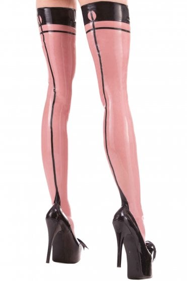 Westward Bound Betty Pointed French-Heel Latex Stockings in Semi-Transparent (Translucent) Pink with Black Trim, rear view showing the contrast back seams, upper bands and distinctive pointed French heels