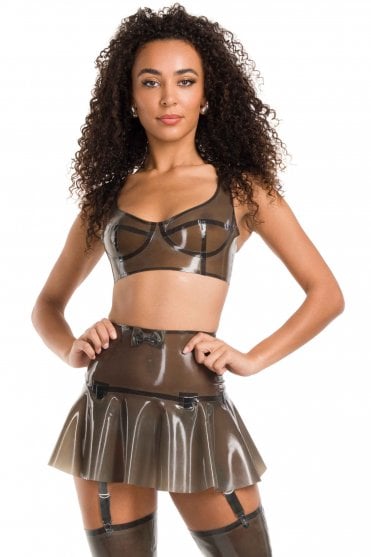 Westward Bound Bollinger Suspender Latex Mini Skirt in Semi-Transparent Black, front view with matching bra and bolero showing the fitted waist, flared hem and four suspender straps