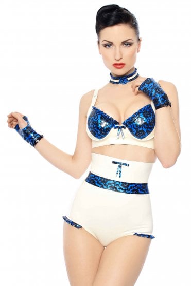 Westward Bound Bordelle-L’Amour Lace-Print Latex Mitts in Pearl Sheen Blue with Black Trim, styled with coordinating Bordelle-L’Amour garments