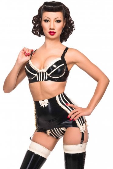 Westward Bound Cheeky-Pie High-Waist Latex Suspender Belt in Black with Semi-Transparent (Translucent) Black Trim, front view showing the deep panel construction, vertical stripes, Warm White zigzag edging, bow details and four suspender straps