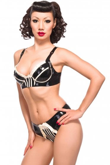 Westward Bound Cheeky-Pie Stripe-Detail Latex Underwired Bra in Black with Semi-Transparent Black Trim, front view showing the underwired cups, pleated upper edging, vertical stripe detailing and centre bow