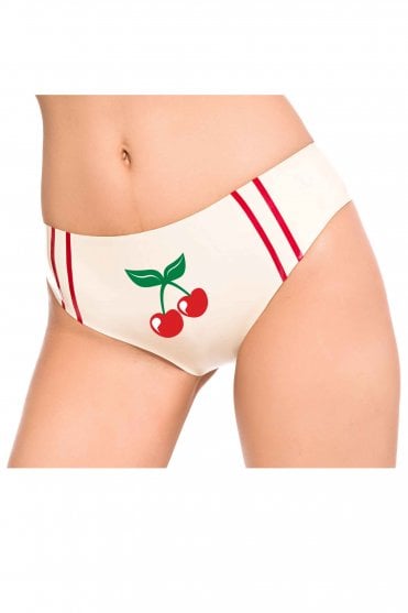 Westward Bound Cherry Wambam Latex Briefs in Warm White, front detail showing the central cherry motif and twin Pearl Sheen Red side stripes