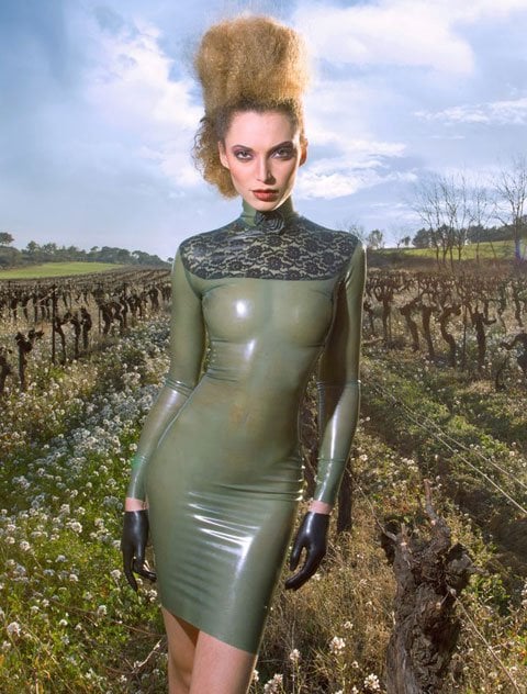 May Lys wearing the Westward Bound Bordelle-L'Amour Rose Latex Dress in France