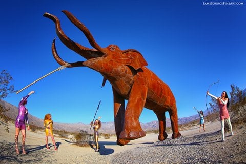 Models wearing Westward Bound designs for The Mammoth Hunters in Anza-Borrego Desert State Park, California, 2021