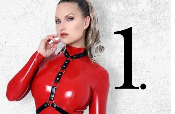 Sister Sinister wearing the Westward Bound Fiorella Latex Catsuit with O-Ring Chest Harness