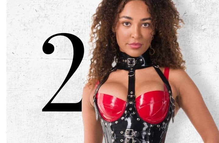 Portia wearing the Westward Bound Vanguard Seven-Buckle Latex Underbust Corset with Hollywood Latex Underwire Bra