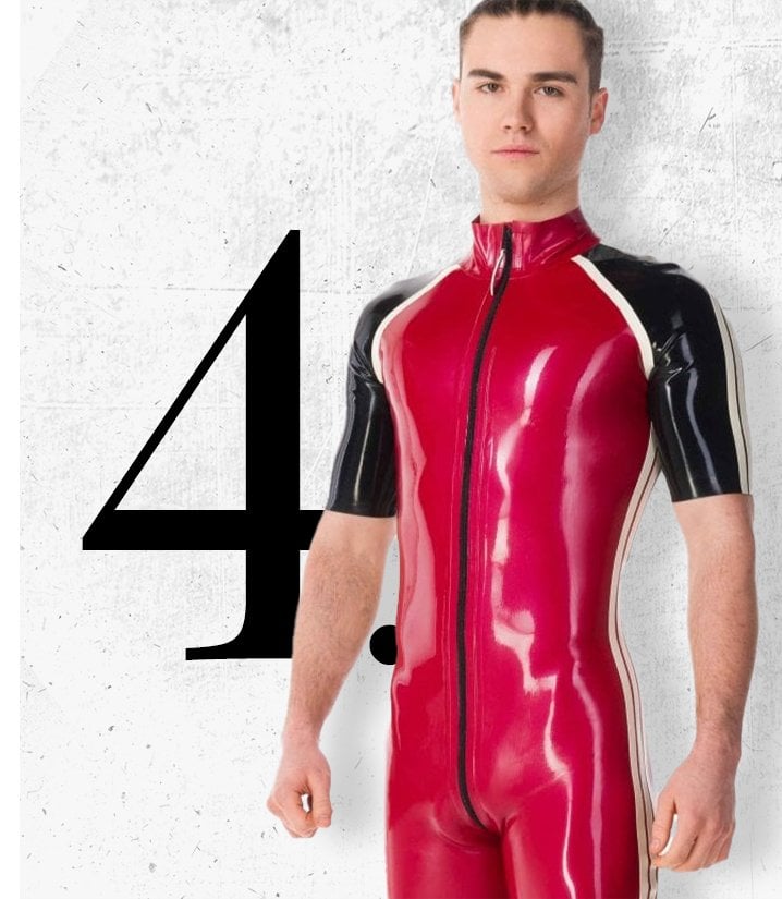Malachy wearing the Westward Bound Rex Racer Short Latex Catsuit with front zip and contrasting panels
