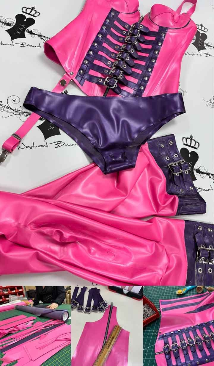 Westward Bound Hollywood Eight-Buckle Latex Overbust Corset, Hollywood Latex Stockings and Octavia Latex Briefs being handcrafted in Plymouth, England