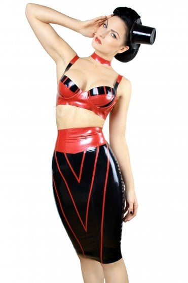 Westward Bound Demona Obscura Stripe-Panel Latex Underwired Bra in Red with Black Trim, showing the shaped cups, black upper-cup stripe detailing and adjustable shoulder straps
