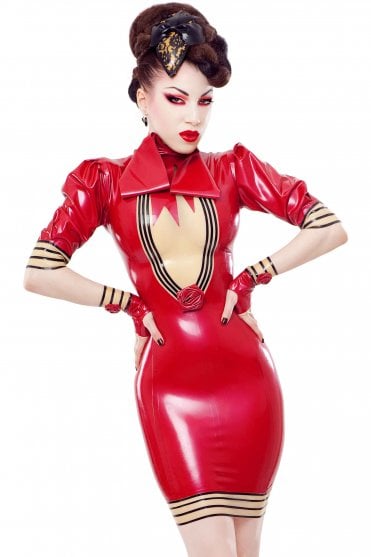 Westward Bound Duchess De Femme Keyhole-Panel Latex Dress in Red with Semi-Transparent Trim, showing the bow collar, shaped front panel, black piping and rose detail