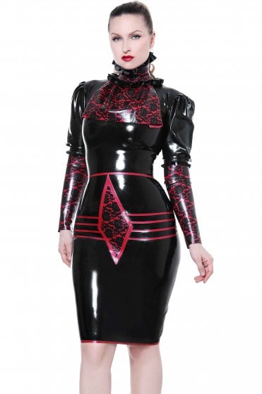 Westward Bound Elle Lace-Print Latex Pencil Skirt in Black with Pearl Sheen Red Trim, front view showing the diamond-shaped lace-print panel, parallel hip detailing and retro 1950s pencil silhouette
