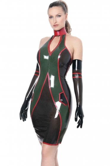 Westward Bound Fifi Von X Frolic Halter-Neck Latex Dress in Semi-Transparent Black with Olive Trim, showing the integrated collar, shaped contrast panels, Red piping and faux front pockets