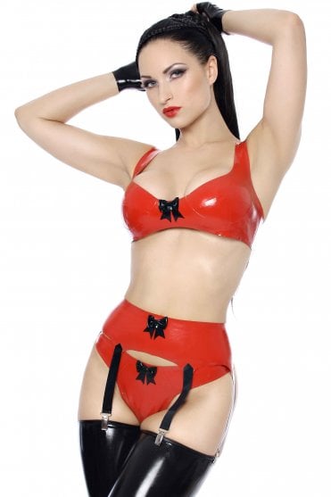 Westward Bound Fusion Latex Suspender Belt in Red with Black Trim, front view showing the high-waisted shape, curved front opening, central Black bow and contrast suspender straps