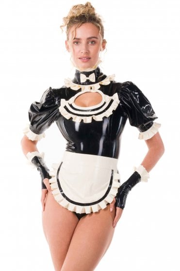 Westward Bound Imogen Keyhole Service-Inspired Latex Leotard in Black with Warm White Trim, full-length front view showing the high frilled collar, central bow, sculpted keyhole neckline, puff sleeves and shaped leotard silhouette