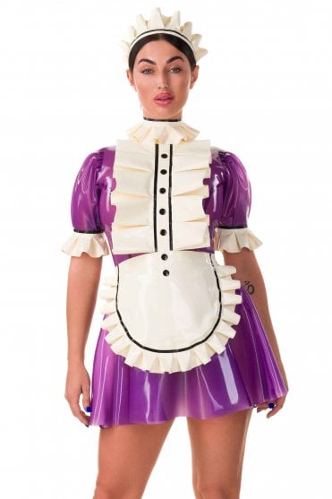 Westward Bound Jasmine Pleat-Front Service-Inspired Latex Dress Ensemble in Semi-Transparent Purple with Warm White Trim, front view showing the cascading box pleats, high neckline, shaped apron, puff sleeves and coordinating headband