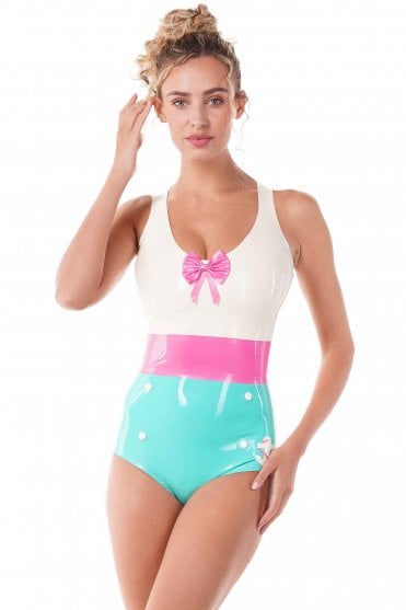 Westward Bound Jollytime Nautical-Inspired Latex Leotard in Mint Green with Pearl Sheen Fuchsia Trim, showing the Warm White upper section, scoop neckline, centre bow and anchor detailing
