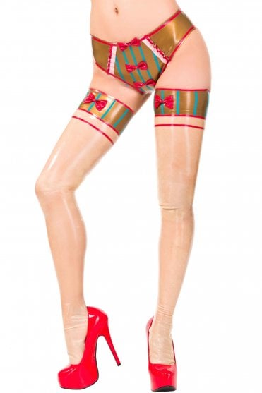 Westward Bound Lolly La Bomb Seamed Latex Stockings in Pearl Sheen Gold with Semi-Transparent legs, turquoise striped tops and red bow detailing