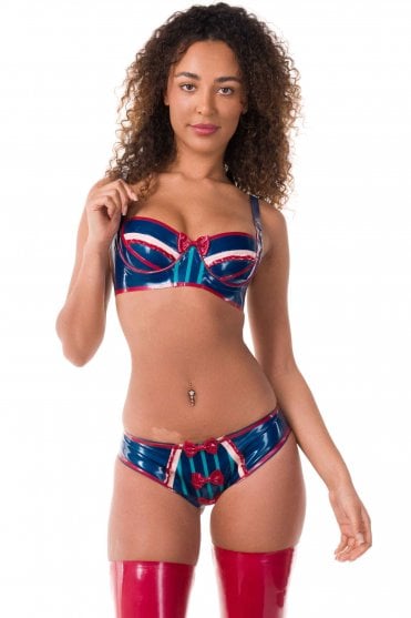 Westward Bound Lolly La Bomb Stripe-Panel Latex Briefs in Pearl Sheen Midnight Blue, showing the striped centre panel, bow detailing and contrast trim