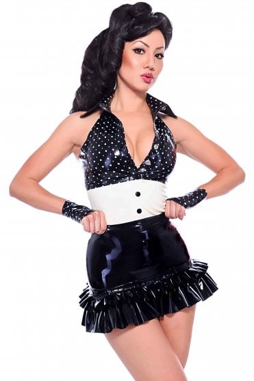 Westward Bound Madame Dea-Angerous Frill-Hem Latex Skirt in Black with Black Trim, front three-quarter view showing the high waist, smooth fitted silhouette and deep frill hem