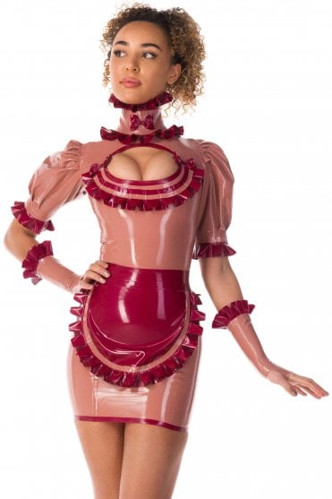 Westward Bound Mariette Service-Inspired Latex Mini Dress in Blush with Pearl Sheen Claret Red Trim, showing the frilled high collar, puff sleeves, scooped front and coordinating apron
