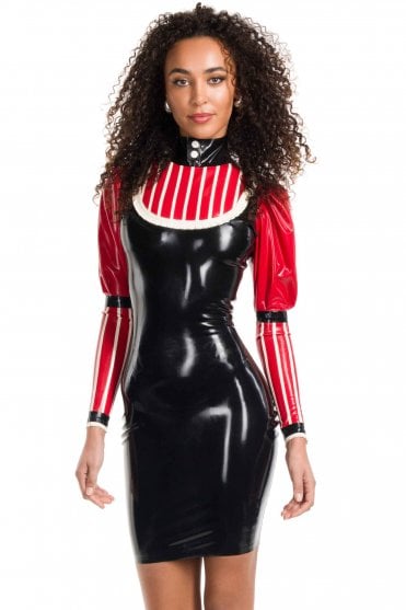 Westward Bound Marquise De Femme Stripe-Panel Latex Dress in Black with Red Trim, showing the striped front panel, Warm White frill edging and puff sleeves