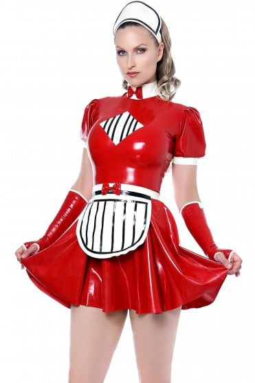 Westward Bound Missy Diamond-Panel Service-Inspired Latex Dress Ensemble in Red with standard Warm White and Black detailing, front view showing the diamond chest panel, high collar, bow accents, striped apron, puff sleeves and structured headband