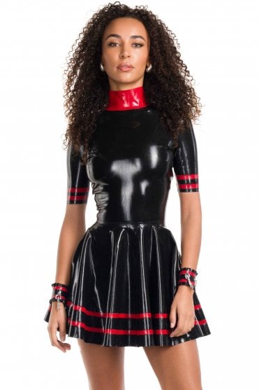 Westward Bound Mooky Flared Latex Mini Dress in Black with Red Trim, showing the high neckline, short sleeves, full flared skirt and triple-band detailing
