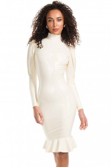 Westward Bound Ophelia Puff-Sleeve Latex Dress in Warm White, showing the high collar, sculpted sleeves, fitted silhouette and pleated hem
