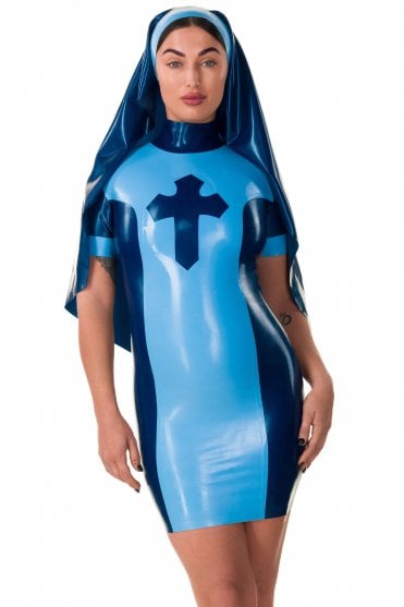 Westward Bound Ottilie Cross-Detail Monastic-Inspired Latex Dress & Habit in Pearl Sheen Midnight Blue with Baby Blue Trim, front view showing the high collar, cross appliqué, contrast panels and draped veil