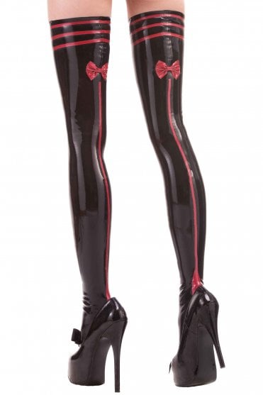 Westward Bound Pin-Up Pleaser Back-Seam Latex Stockings in Black with Red Trim, front view showing the tailored full-foot construction, close-fitting leg shape and triple contrast upper bands