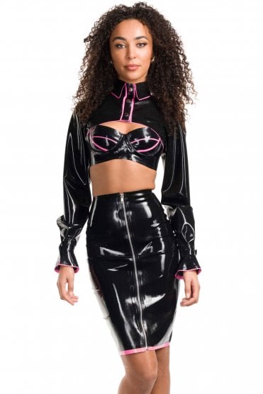 Piped Zip Front Pencil Latex Skirt