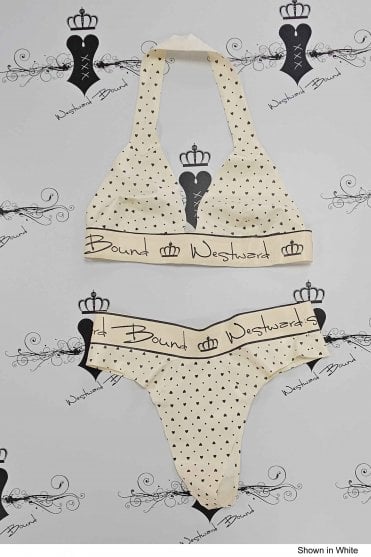 Prototype - Brand Me Hearts and Dots Latex Bra and Thong. Sizes still available: UK 36C/L