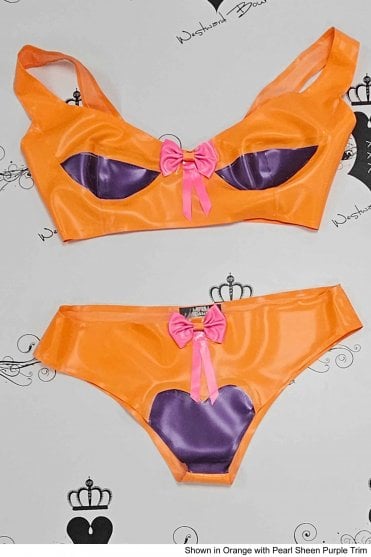 Prototype - Latex Bra & Briefs with Contrasting Bows. Sizes still available: UK32B/08