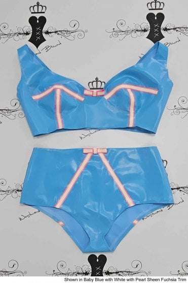 Prototype - R0096 Latex Bra and Briefs Set with Two-Tone Trimming and Bow. Sizes still available: UK 36D/12