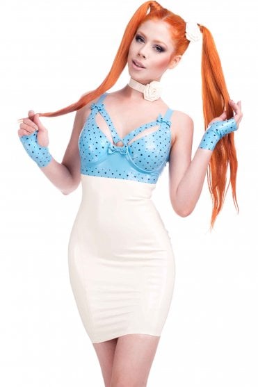 Westward Bound Queen Strap-Detail Latex Dress in Warm White with Baby Blue Trim, front view showing the underwired cups, hearts and polka dots printed panels, decorative strap detailing and high-waisted pencil silhouette