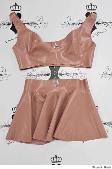 R0096 / R0069 Latex Bra and Micro length Mimi Skirt. Sizes still available: UK 34C/10