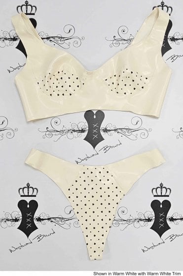 R0096 / R0105 Latex Rubber Wonderbra and Thong Set with Hearts and Dots Trim. Sizes still available: UK 36C/M