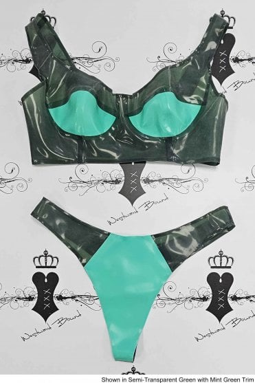R0096 / R0105 Latex Wonderbra and Thong Set with Contrasting Trim. Sizes still available: UK 38D/L
