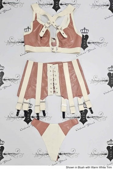 R0447, R0159, R0105 X Your Heart Latex Bra, Suspender Belt & Thong Set. Sizes still available: U34C/10