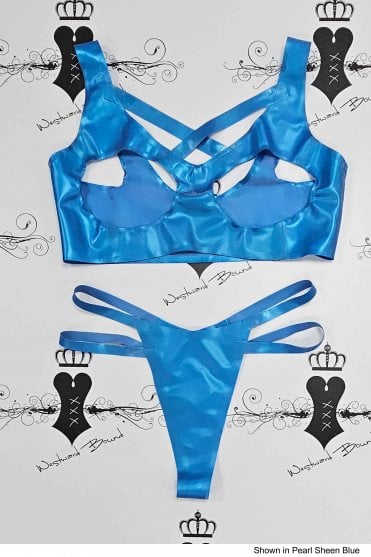 R0581 / R0593 Expose Strappy Latex Bra and Thong Set. Sizes still available: UK 32C/S, 34C/M, 36D/M, 38C/L, 38D/XL
