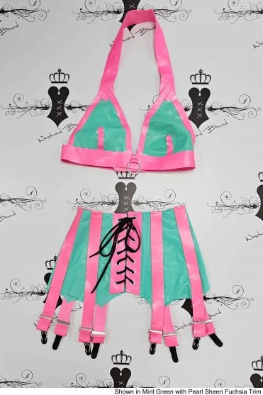 R0653 Maxim Latex Bra with O-Ring and R0159 Suspender Belt. Sizes still available: UK 34C/06