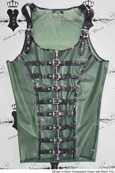 R0680 Buckle Latex Vest Top. Sizes still available: UK L, XL
