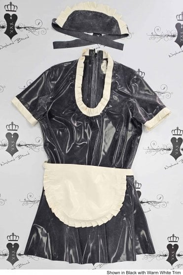 R0707 Maid to Thrill Latex Uniform-Inspired Dress. Sizes still available: UK 12, 16