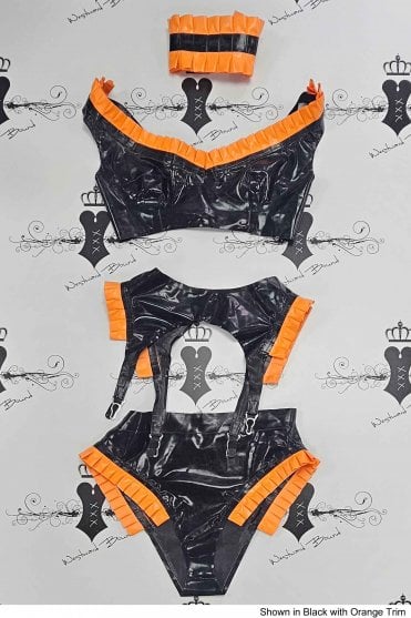 R0710/R0711/R0712/R0841 Thrill Frill Latex Bra, Suspender Belt, Briefs & Collar Set. Sizes still available: UK 34C/8