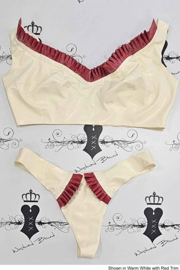 R0710 / R0719 Thrill Frill Latex Bra and Thong Set. Sizes still available: UK 40C/L