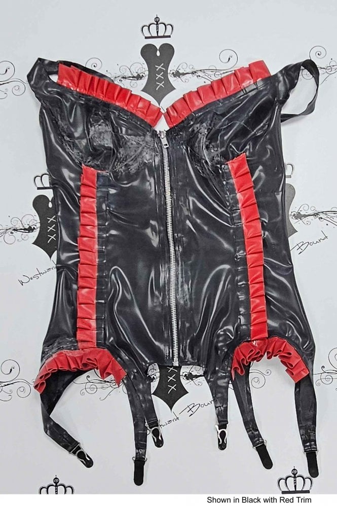 Rubber Basque Burlesque Couture Latex fitted Basque with frill trim detail and zip