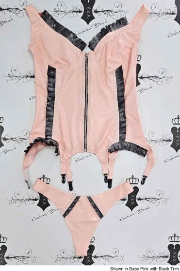 R0720 / R0719 Burlesque Latex Basque & Thong Set. Sizes still available: UK 16