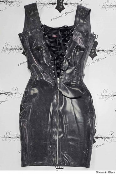 R0823 Boudoir Betty Lace-Up Zip-Front Latex Dress. Sizes still available: UK 14, 16